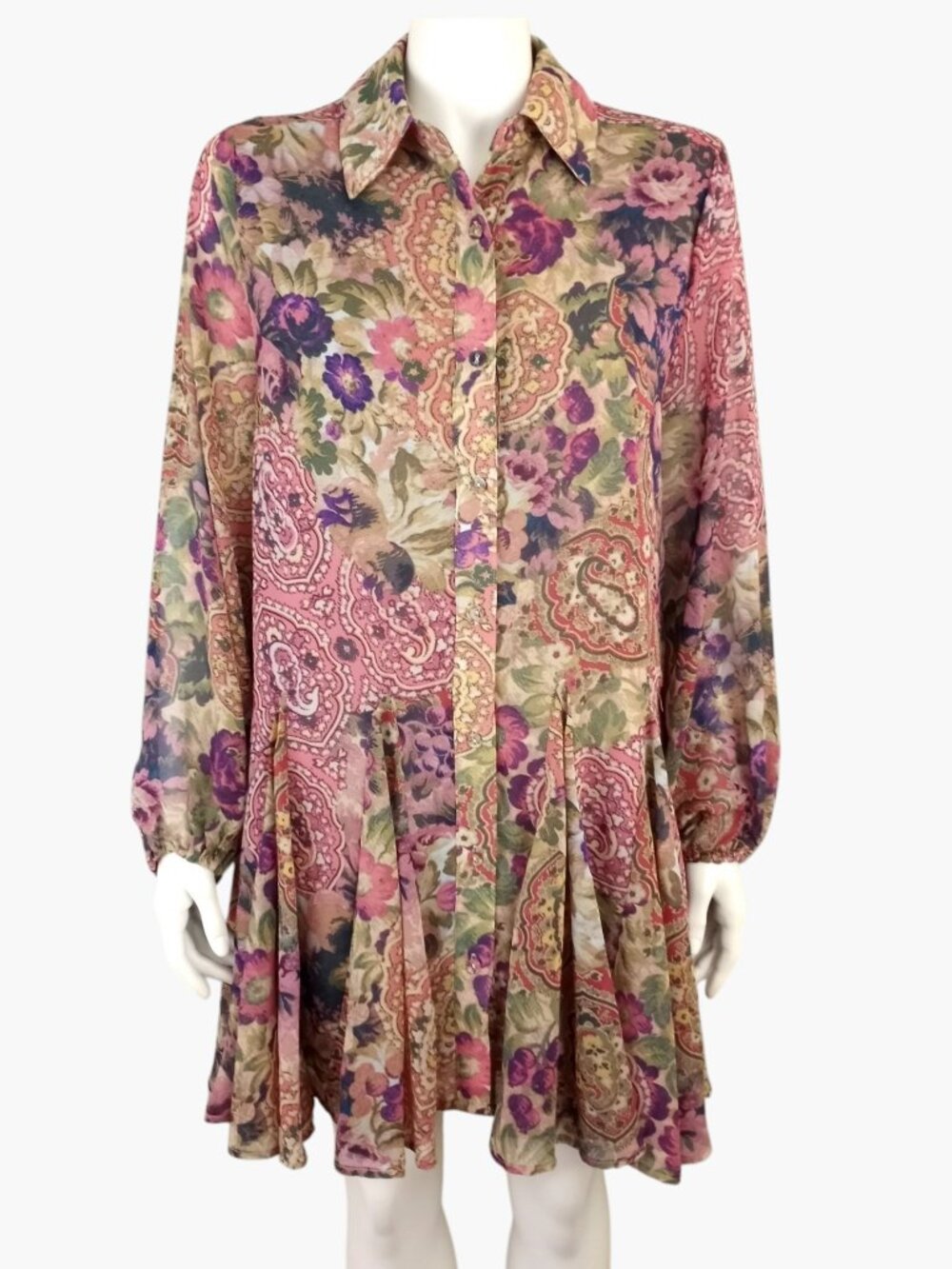 Dress Forum Paisley Floral Long Sleeve Button Front Mini Tunic Dress Womens S